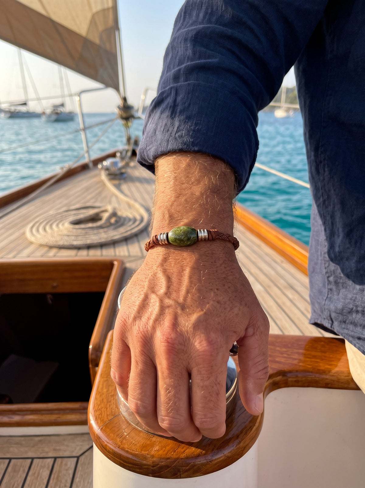 The Wanderer Tahitian Pearl and Braided Leather Bracelet-Unakite