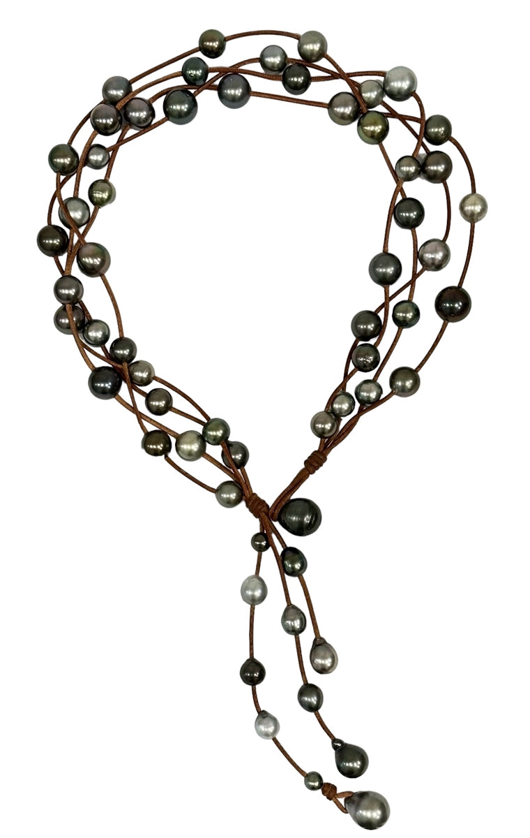 Wendy Mignot Music Four Strand Tahitian Pearl and Leather Necklace