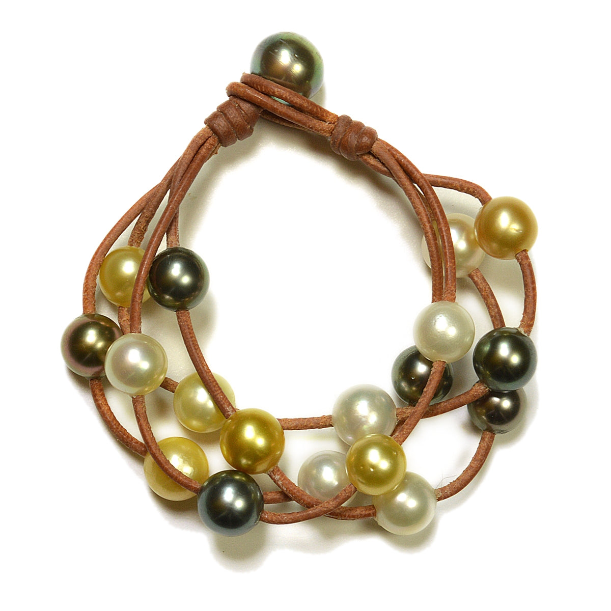 photo of Wendy Mignot Music Four Strand Tahitian Pearl and South Sea Pearl and Leather Mixed Bracelet