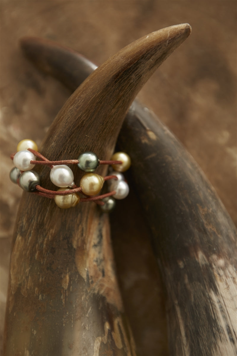 Wendy Mignot Music Four Strand Tahitian Pearl and South Sea Pearl and Leather Mixed Bracelet