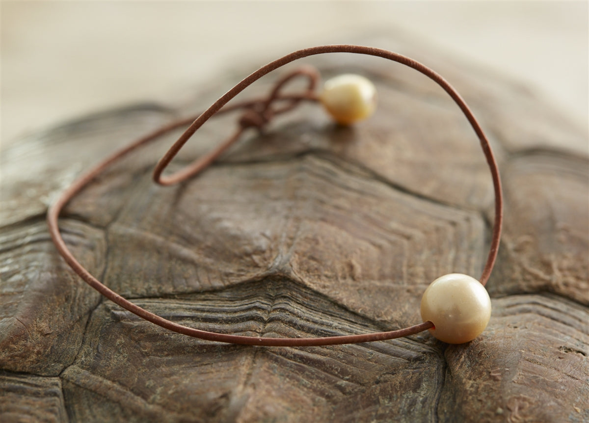 Wendy Mignot Gold South Sea Single Pearl and Leather Necklace