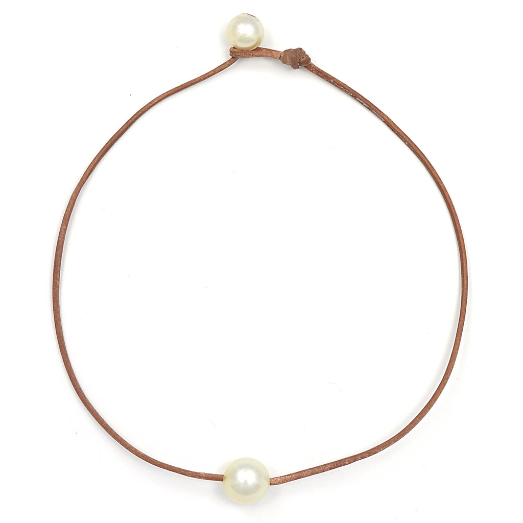 Fine Pearls and Leather Jewelry by Designer Wendy Mignot South Sea Single Necklace Golden White