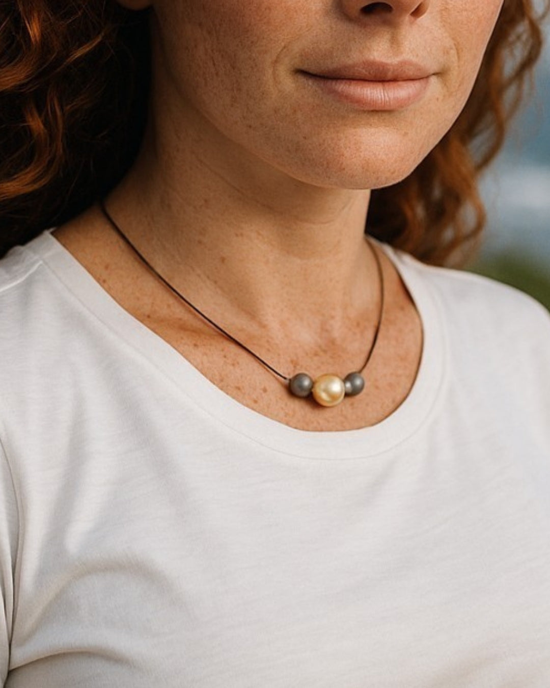 Wendy Mignot Daisy Tahitian Pearl and South Sea Gold Pearl and Leather Necklace