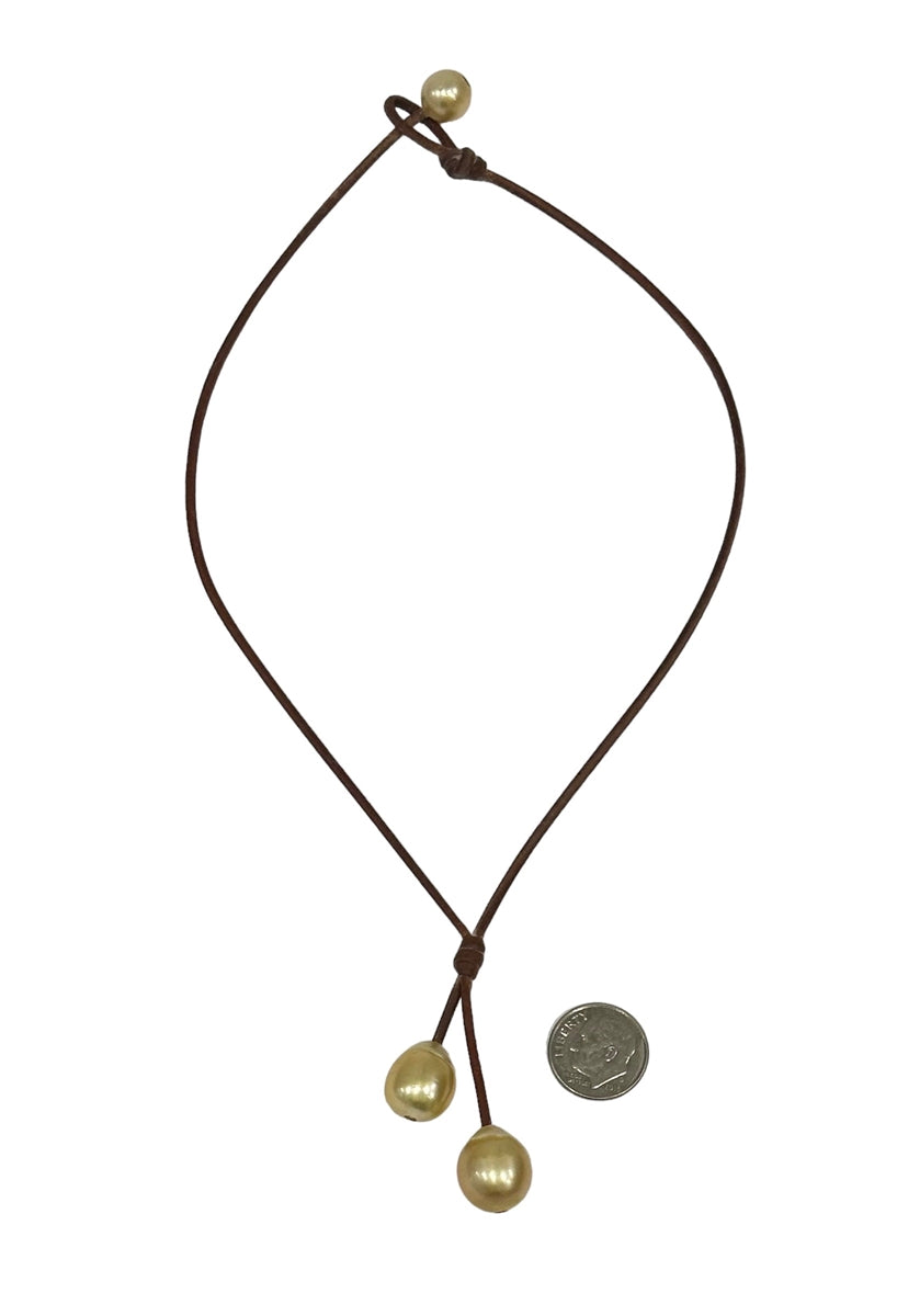 Wendy Mignot Rain Two Drop South Sea Gold Pearl and Leather Necklace