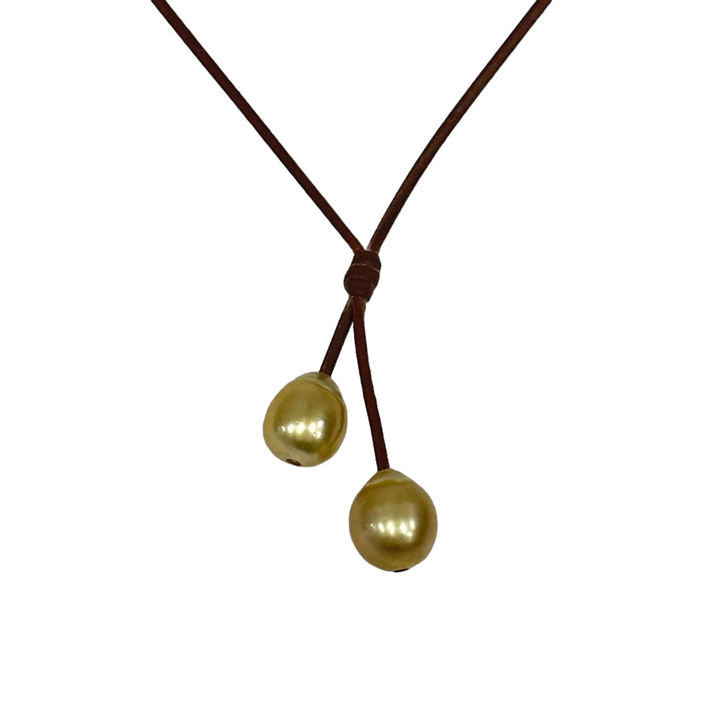 Wendy Mignot Rain Two Drop South Sea Gold Pearl and Leather Necklace