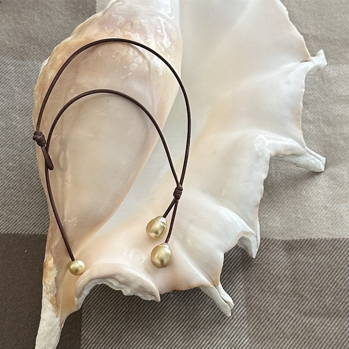 Wendy Mignot Rain Two Drop South Sea Gold Pearl and Leather Necklace