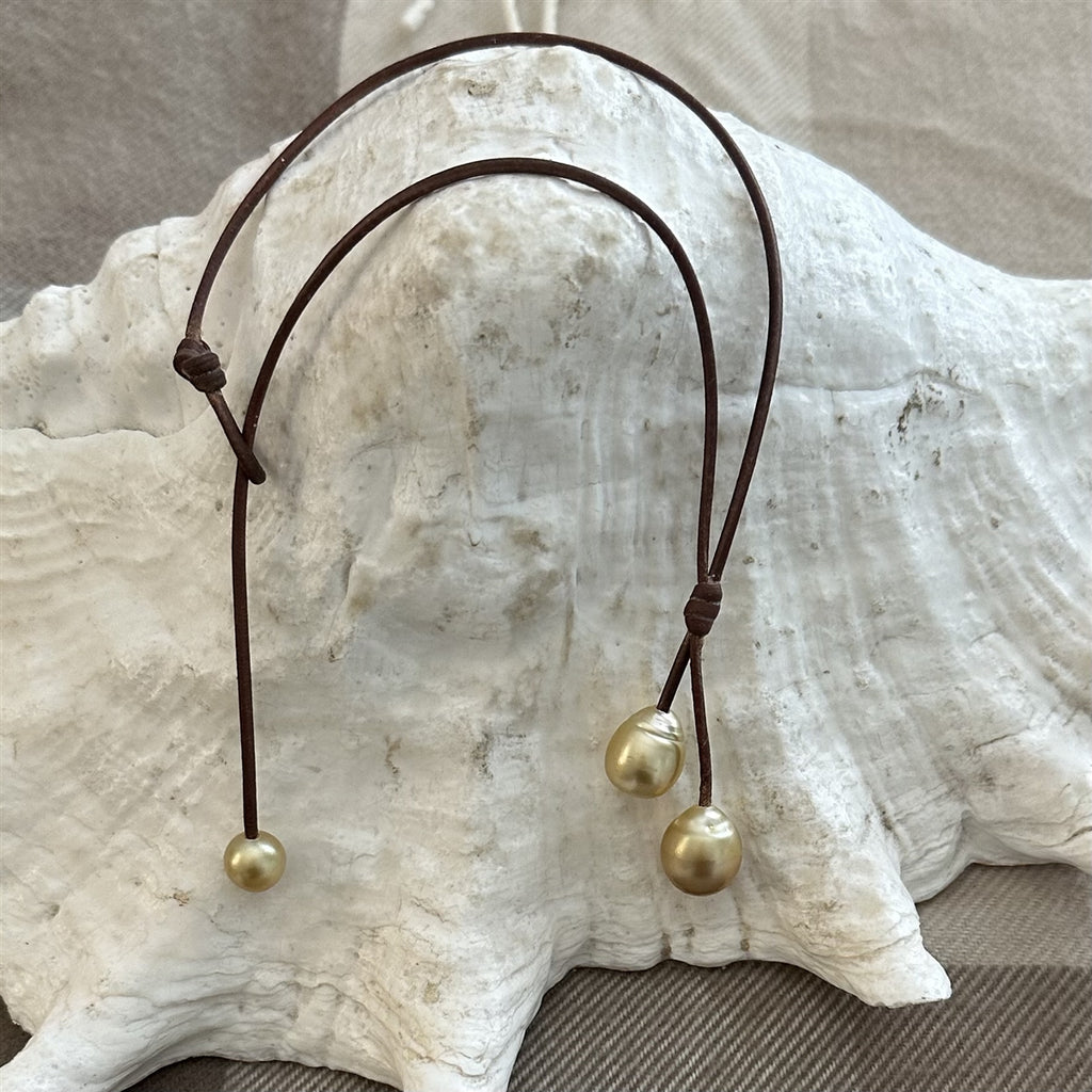 Wendy Mignot Rain Two Drop South Sea Gold Pearl and Leather Necklace