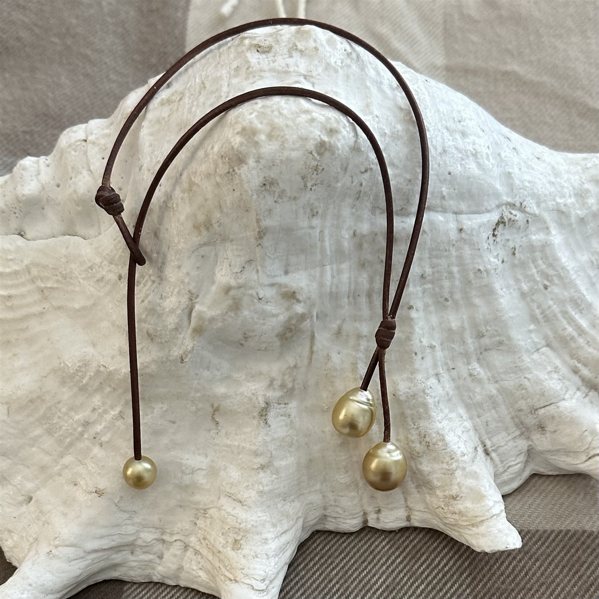 Wendy Mignot Rain Two Drop South Sea Gold Pearl and Leather Necklace