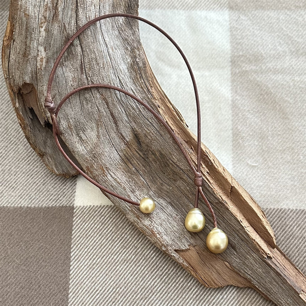 Wendy Mignot Rain Two Drop South Sea Gold Pearl and Leather Necklace