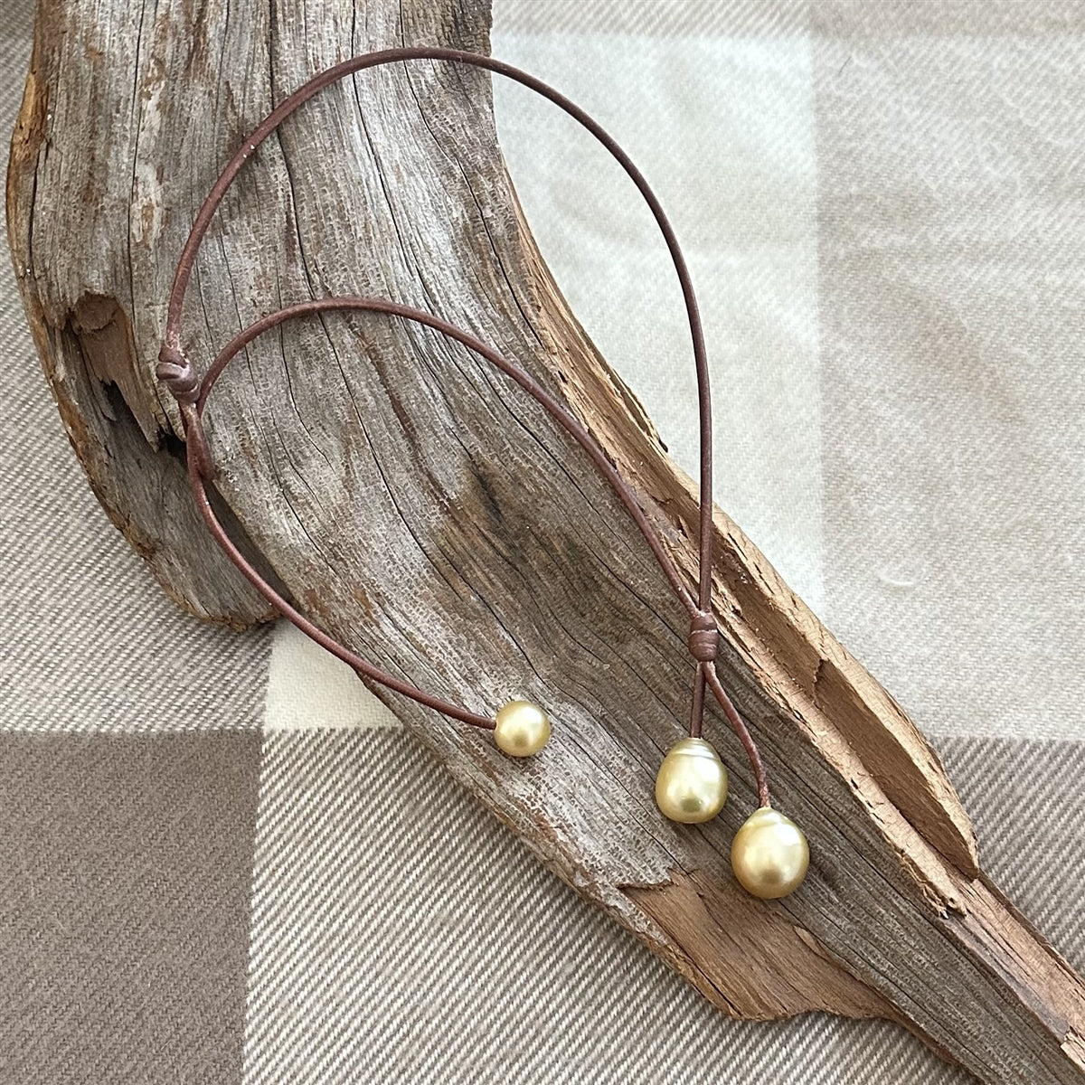 Wendy Mignot Rain Two Drop South Sea Gold Pearl and Leather Necklace