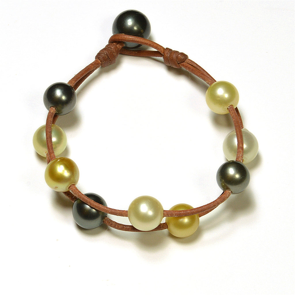 photo of Wendy Mignot Music Two Strand Tahitian Pearl and South Sea Pearl and Leather Mixed Bracelet