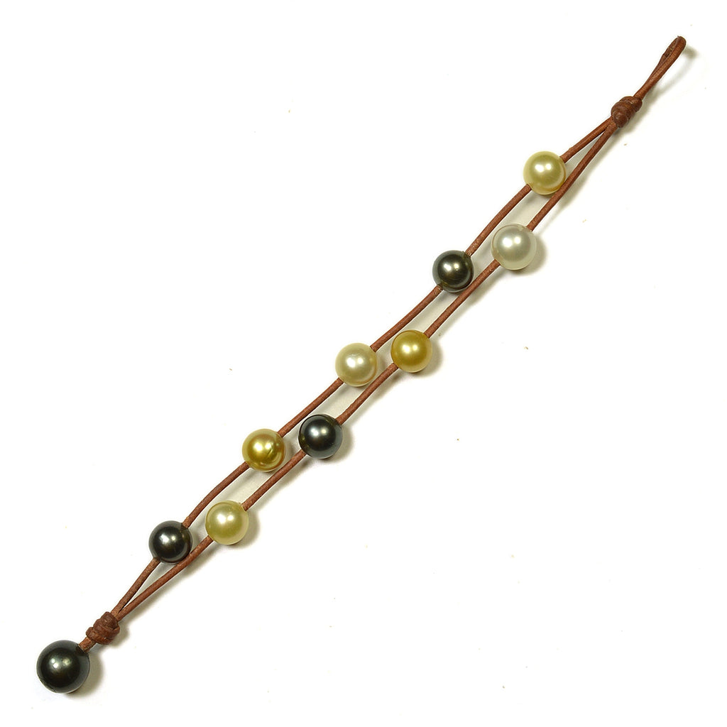 Wendy Mignot Music Two Strand Tahitian Pearl and South Sea Pearl and Leather Mixed Bracelet