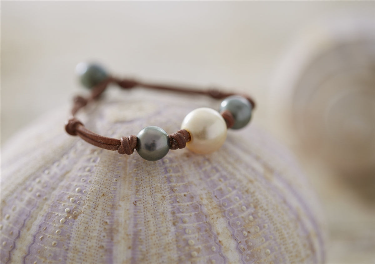 Wendy Mignot Three Tahitian Pearl and South Sea Gold Pearl and Leather Bracelet 2