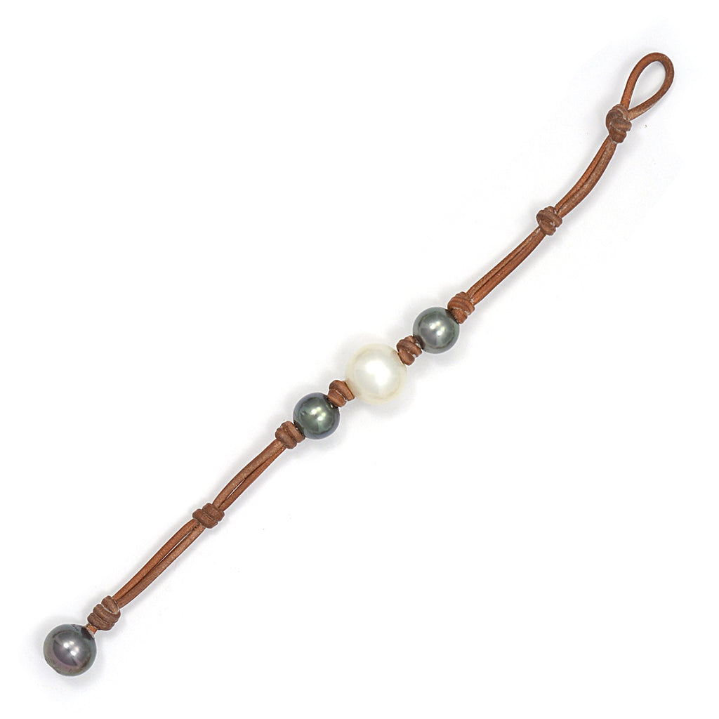 Wendy Mignot Three South Sea White Pearl and Tahitian Pearl and Leather Bracelet