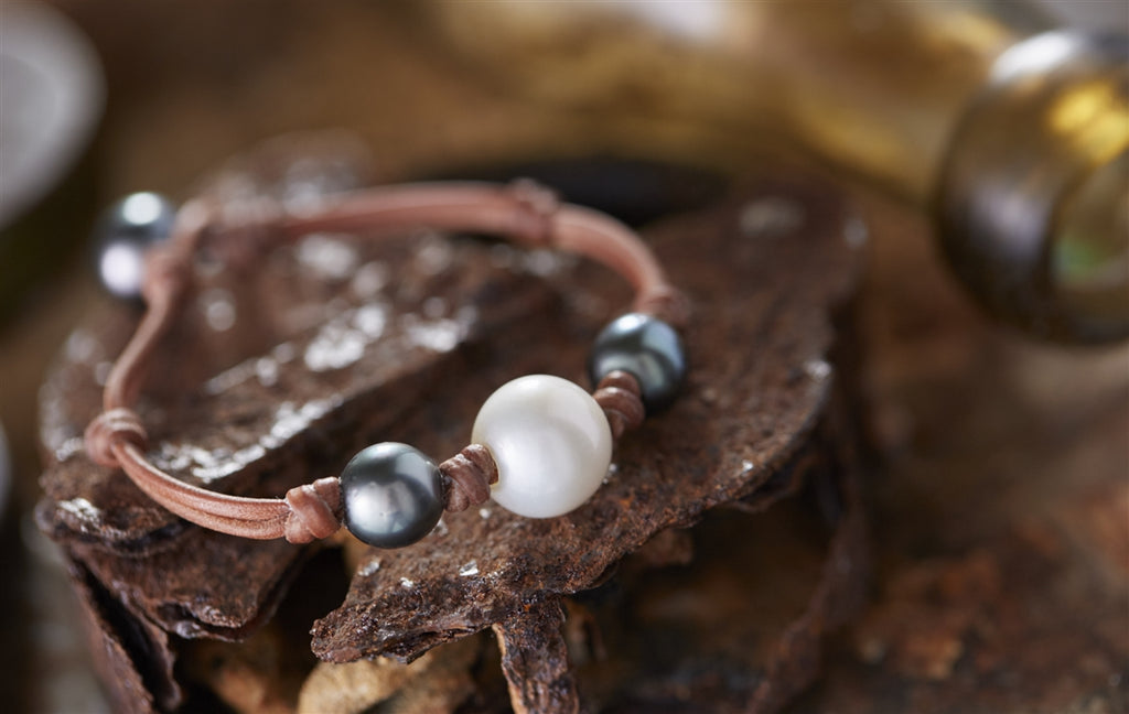 Wendy Mignot Three South Sea White Pearl and Tahitian Pearl and Leather Bracelet
