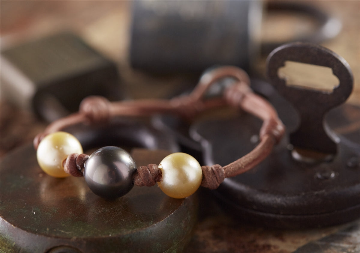 Wendy Mignot Three Tahitian Pearl and South Sea Gold Pearl and Leather Bracelet