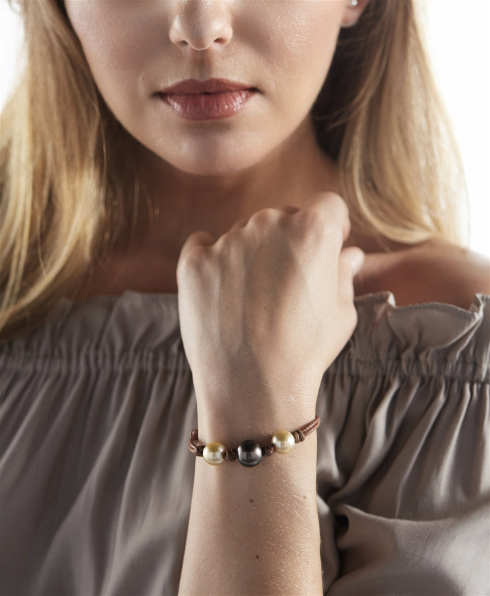 Wendy Mignot Three Tahitian Pearl and South Sea Gold Pearl and Leather Bracelet