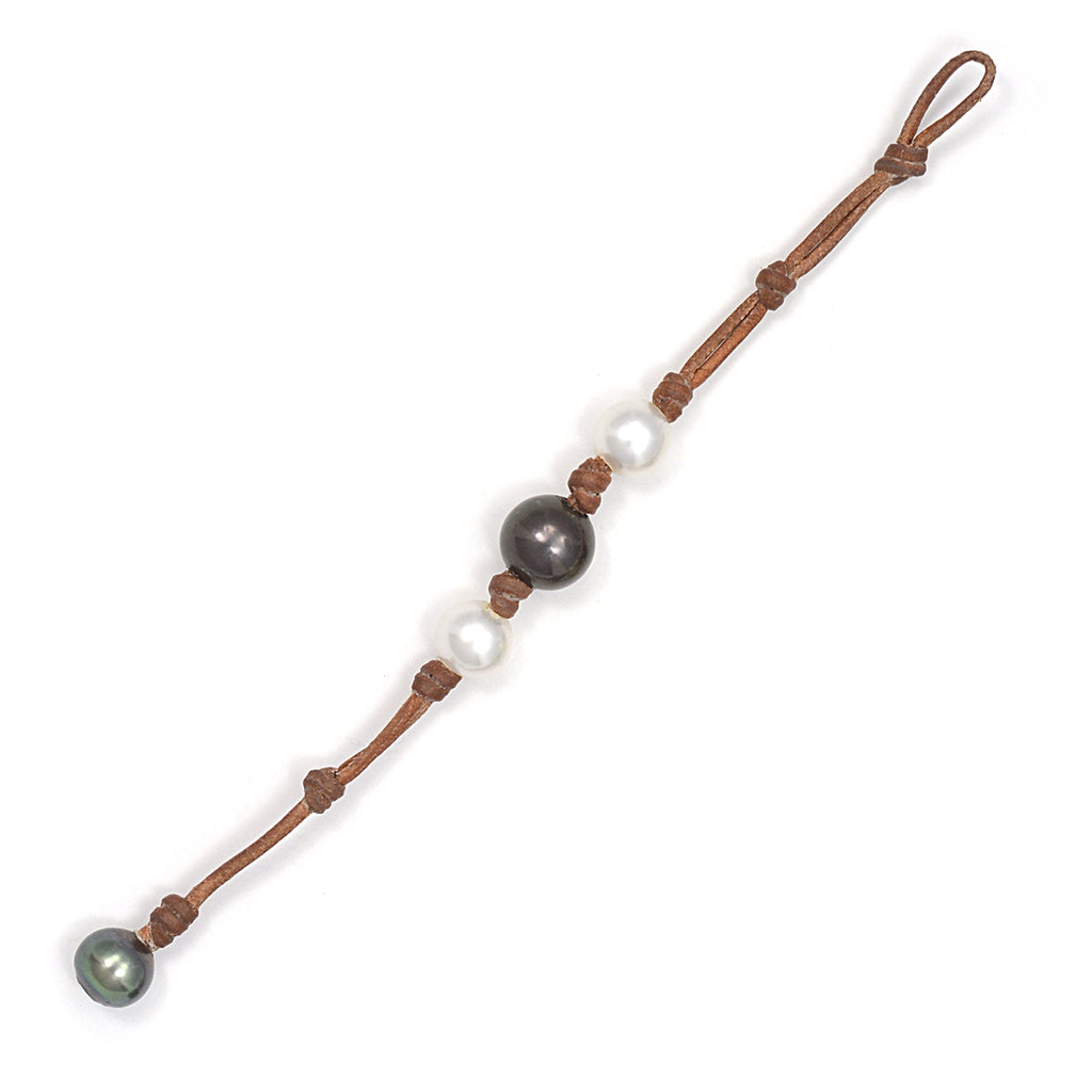 Wendy Mignot Three South Sea White Pearl and Tahitian Pearl and Leather Bracelet 2