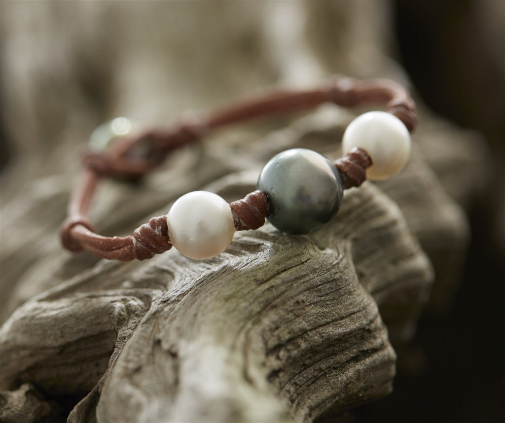 Wendy Mignot Three South Sea White Pearl and Tahitian Pearl and Leather Bracelet 2