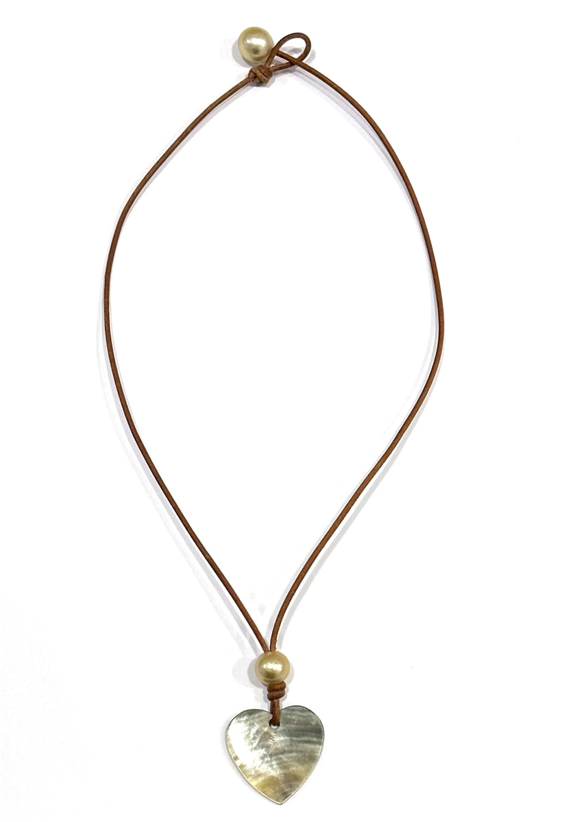 Wendy Mignot Mother of Pearl Heart and Golden South Sea Pearl Love Saba Necklace