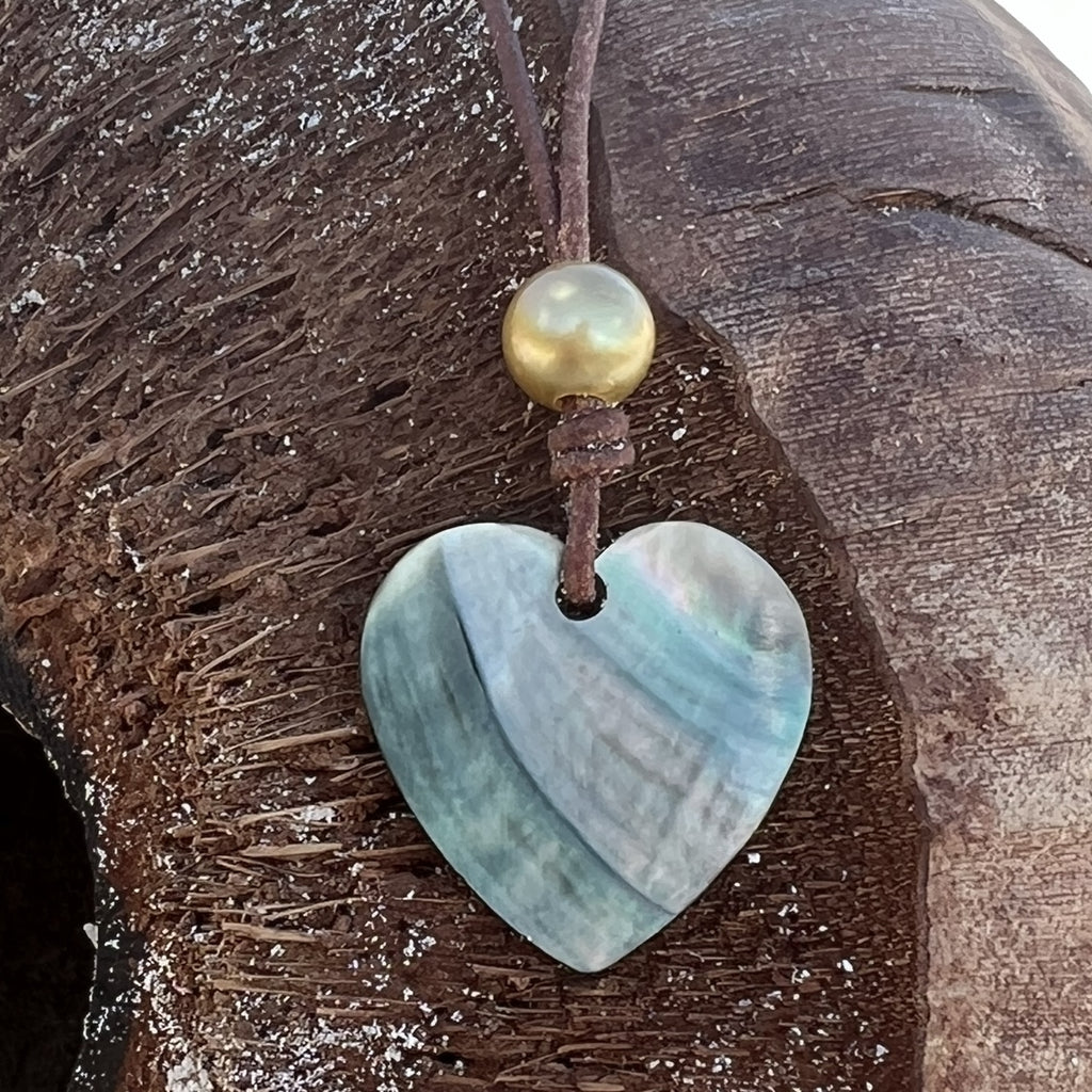 Wendy Mignot Mother of Pearl Heart and Golden South Sea Pearl Love Saba Necklace