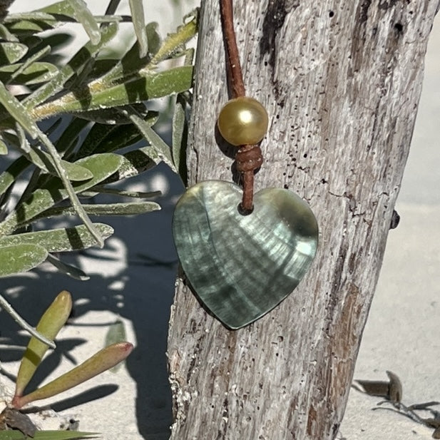 Wendy Mignot Mother of Pearl Heart and Golden South Sea Pearl Love Saba Necklace