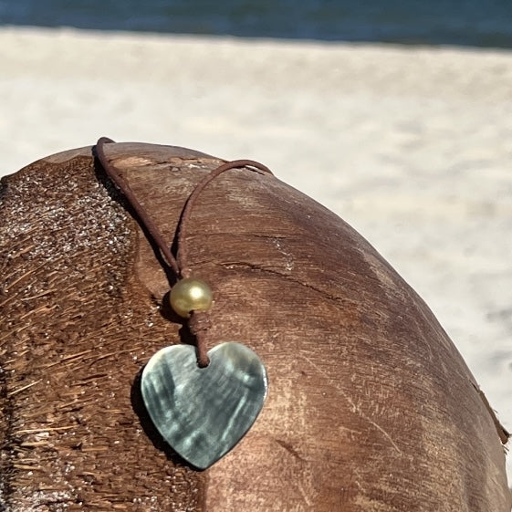 Wendy Mignot Mother of Pearl Heart and Golden South Sea Pearl Love Saba Necklace