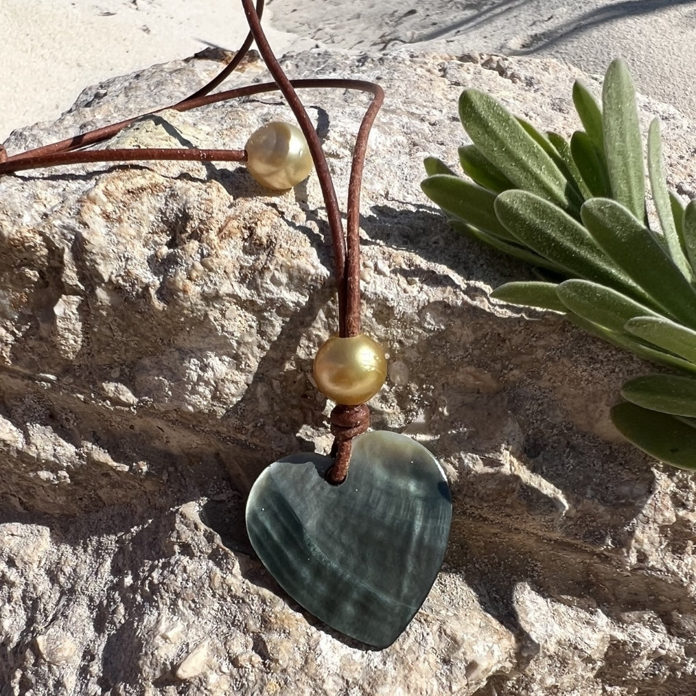 Wendy Mignot Mother of Pearl Heart and Golden South Sea Pearl Love Saba Necklace