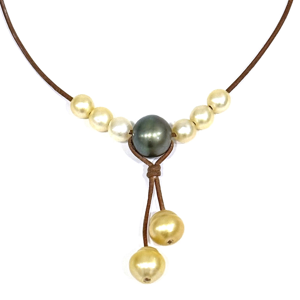 Wendy Mignot Tahitian Pearl and South Sea Gold Pearl and Leather Synergy Necklace