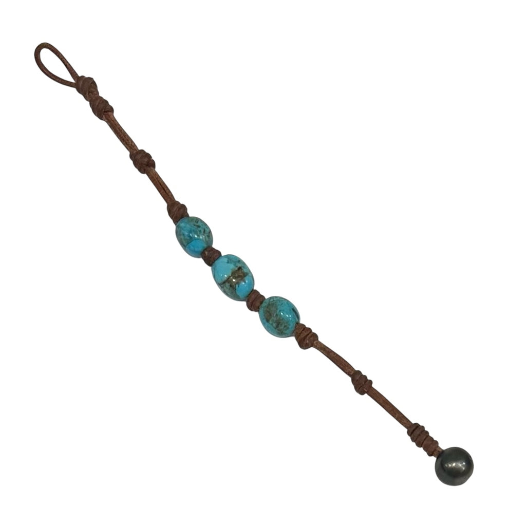 Wendy Mignot Turquoise Three Gem and Leather Bracelet with Tahitian Pearl Clasp
