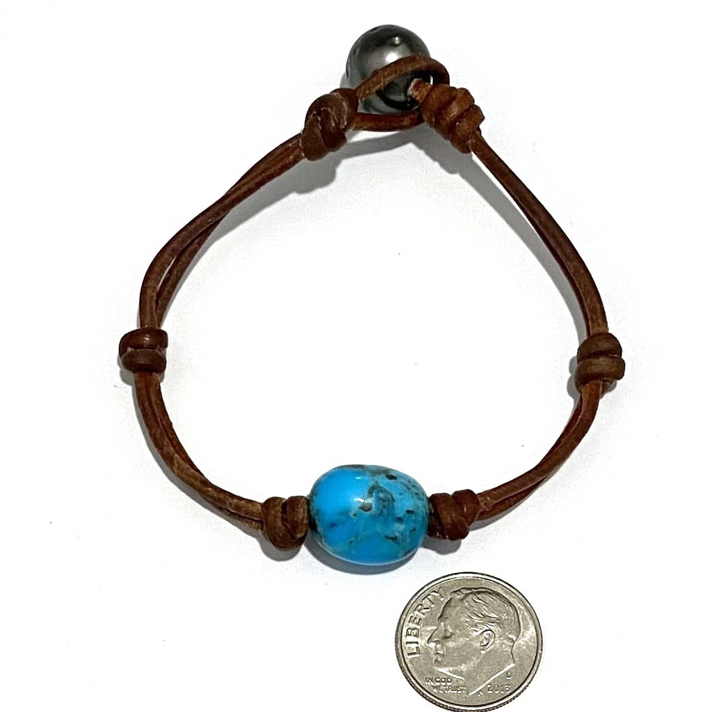 Wendy Mignot Turquoise Single Gem Leather Bracelet with Tahitian Pearl Clasp
