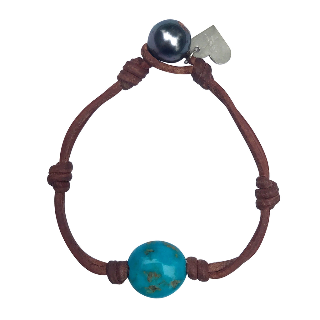 Wendy Mignot Turquoise Single Gem Leather Bracelet with Tahitian Pearl Clasp