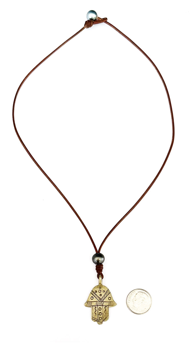 Wendy Mignot Pewter Hamsa and Tahitian Pearl and Leather Necklace