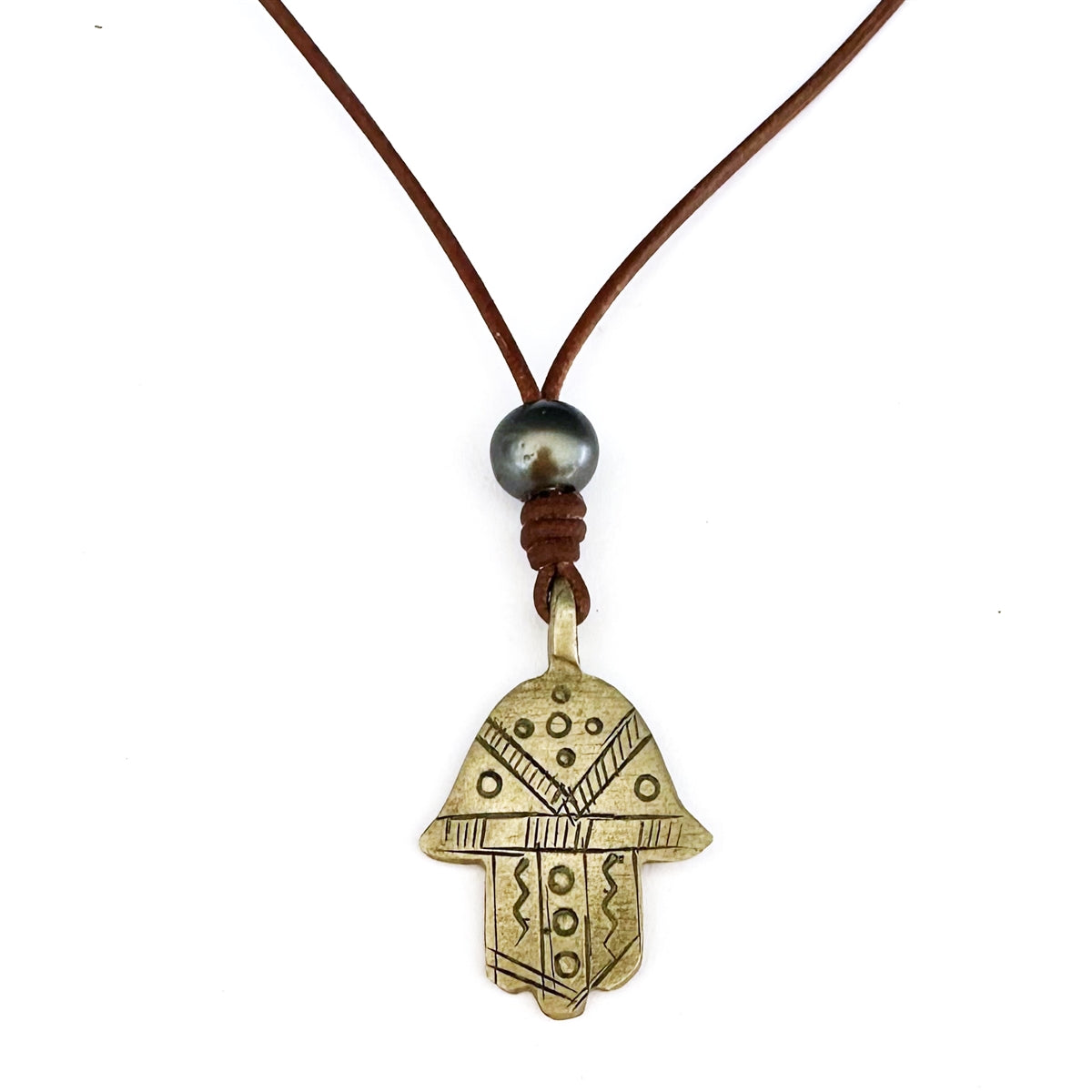 Wendy Mignot Pewter Hamsa and Tahitian Pearl and Leather Necklace