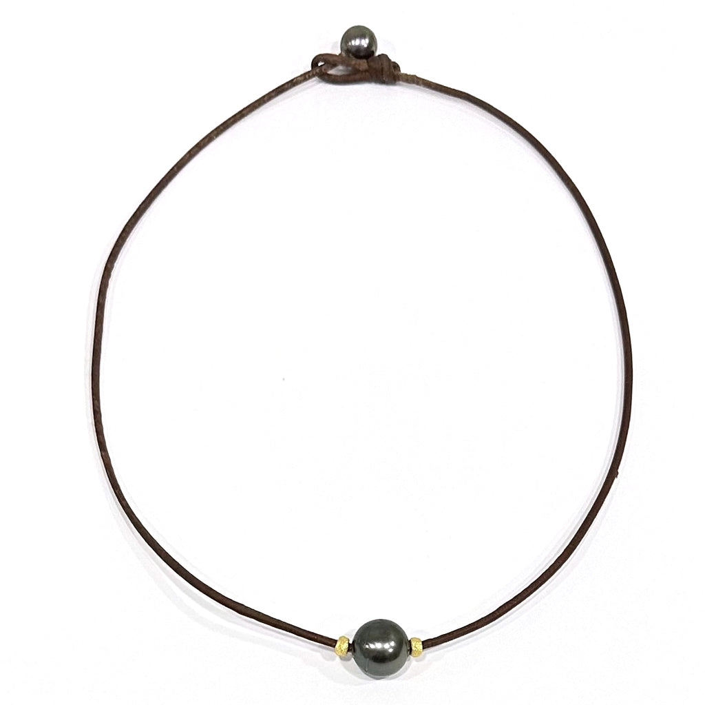 photo of Wendy Mignot Bora Bora Single Tahitian Pearl and Leather with 22k rondelles Necklace
