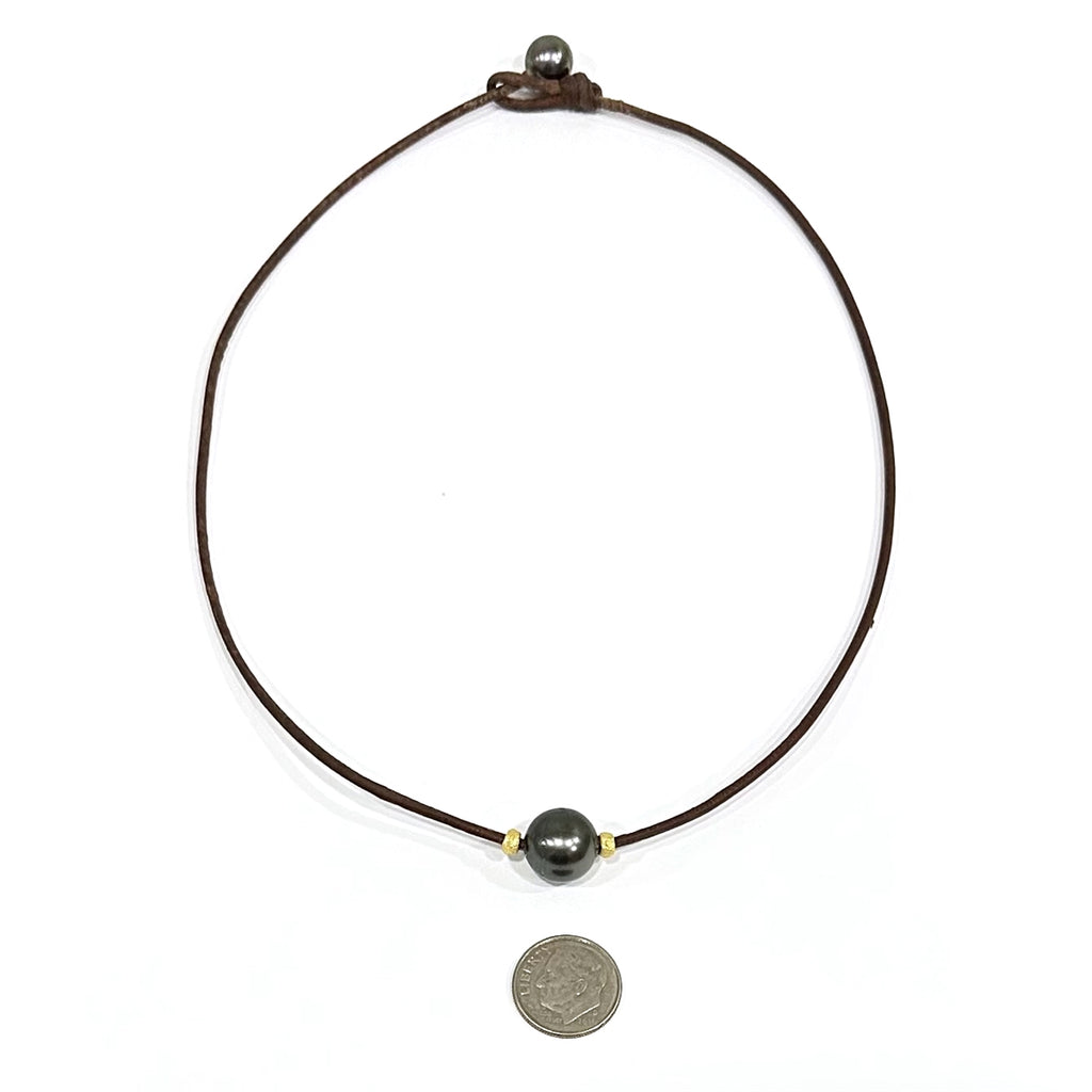 Wendy Mignot Bora Bora Single Tahitian Pearl and Leather with 22k rondelles Necklace