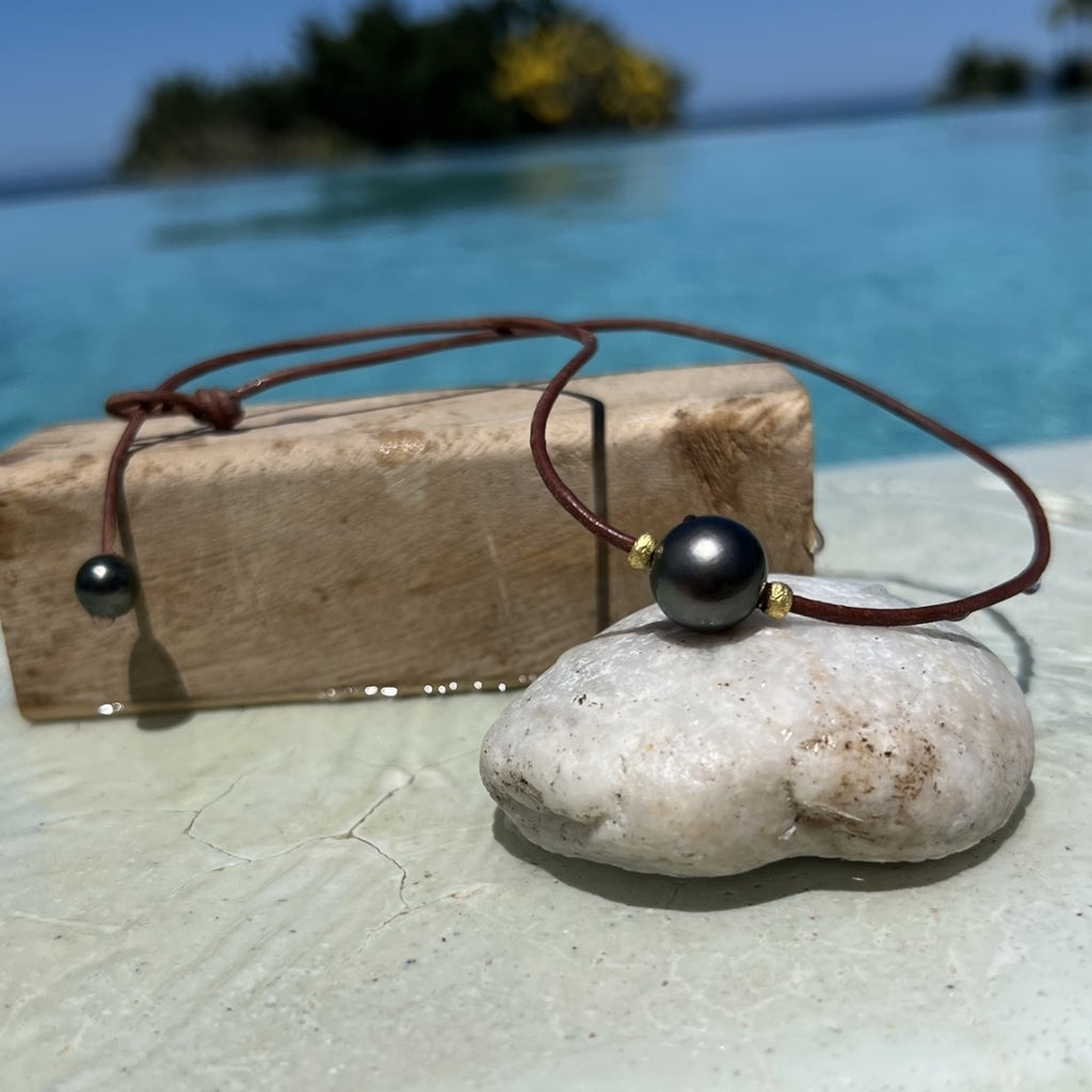 Wendy Mignot Bora Bora Single Tahitian Pearl and Leather with 22k rondelles Necklace