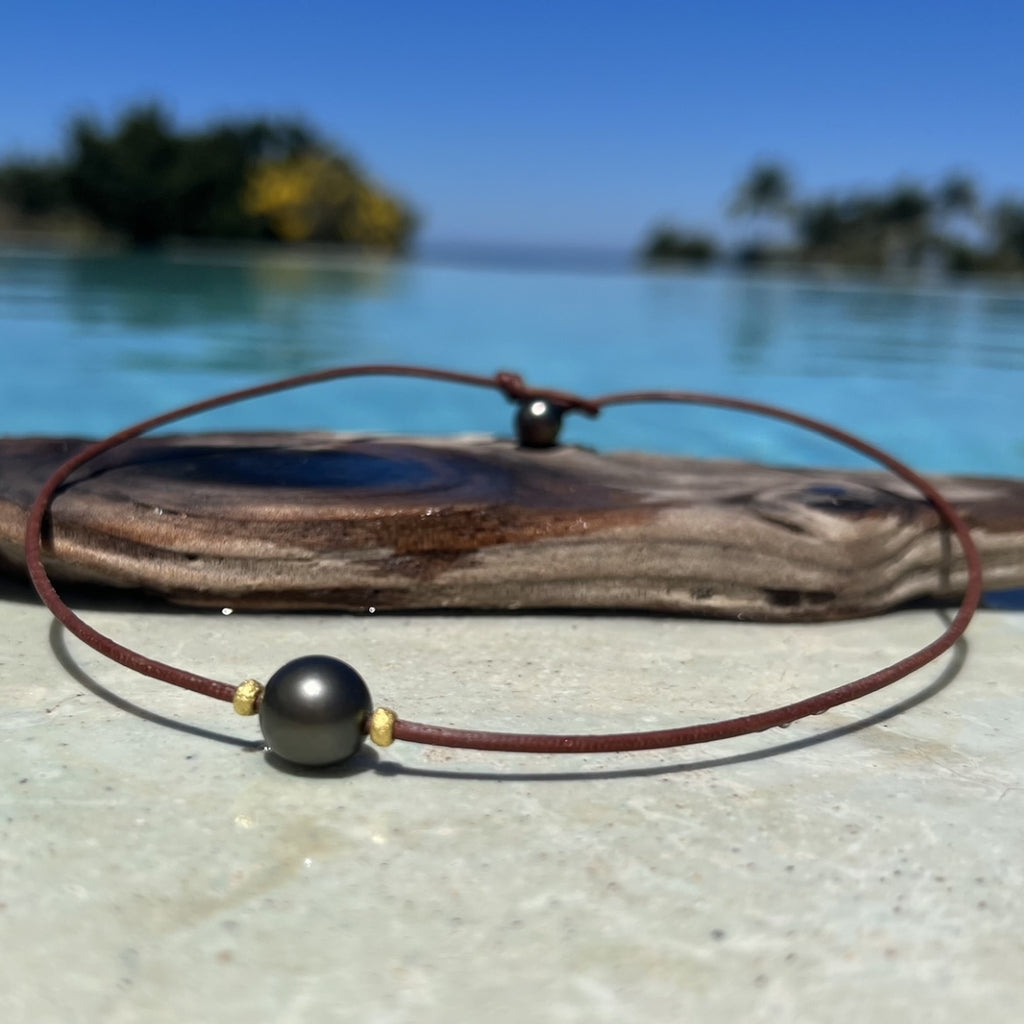 Wendy Mignot Bora Bora Single Tahitian Pearl and Leather with 22k rondelles Necklace
