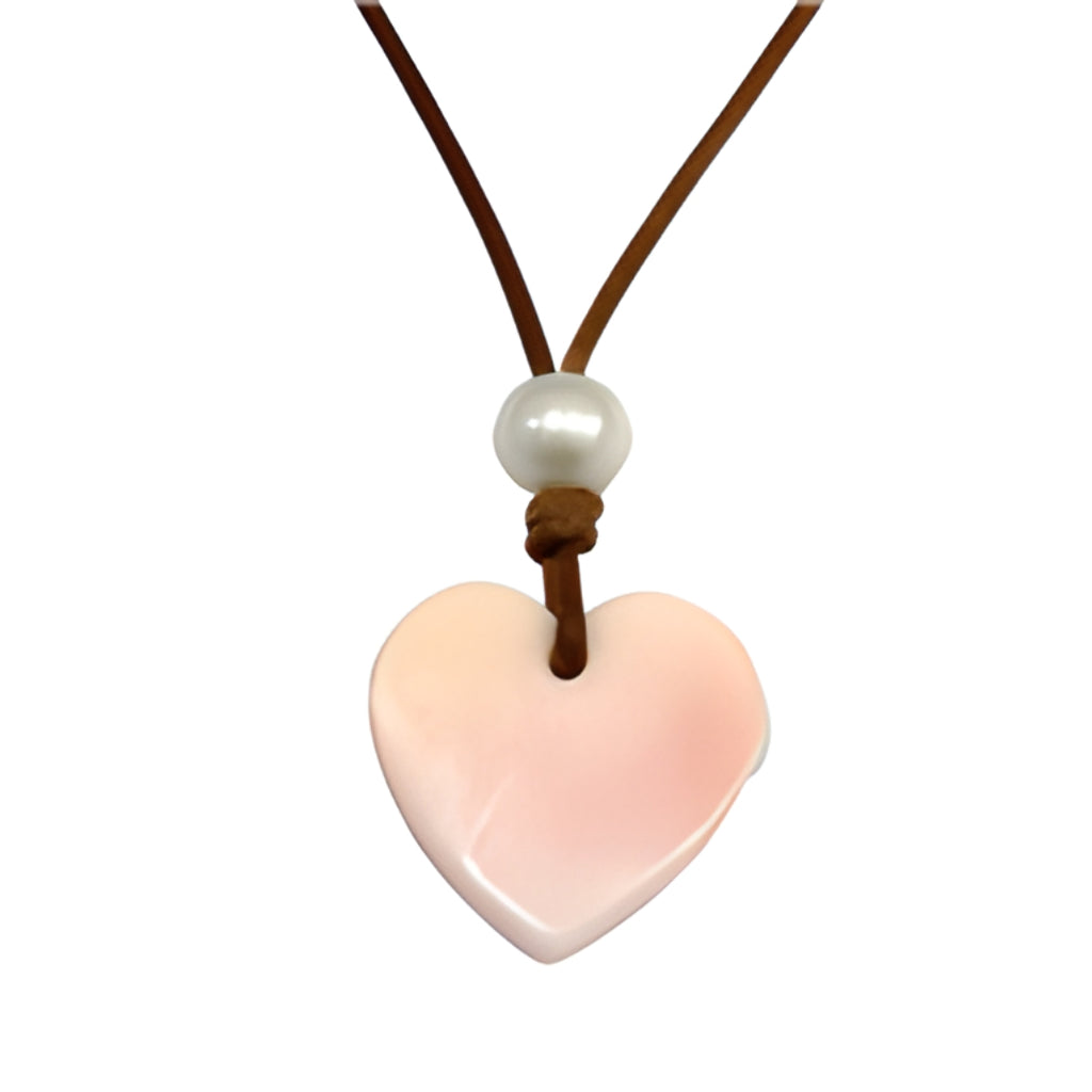 Wendy Mignot Conch Shell Heart and Freshwater Pearl and Leather Love Saba Necklace