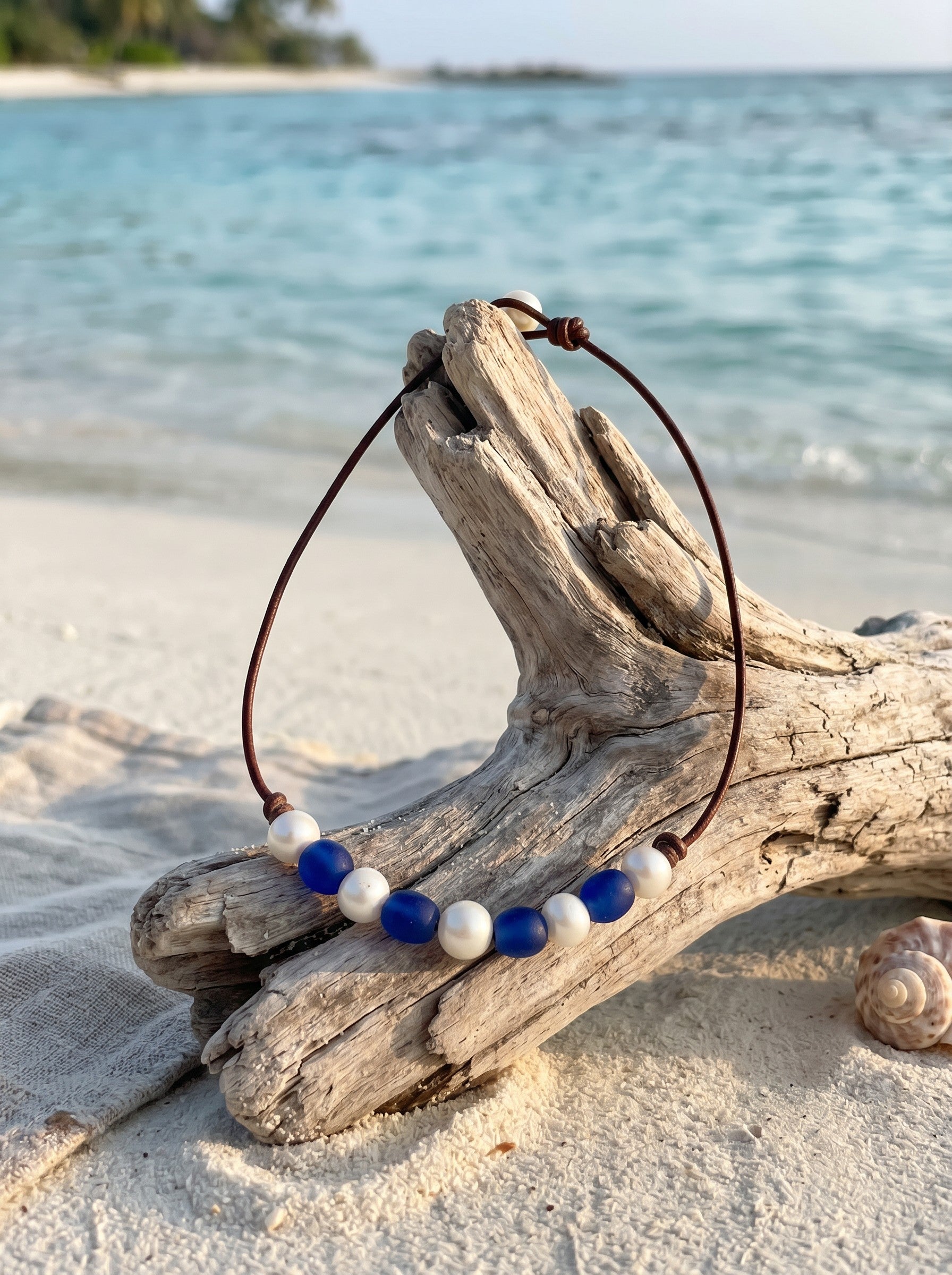 Wendy Mignot African Seaglass and Freshwater Pearl and Leather Regatta Necklace-Blue