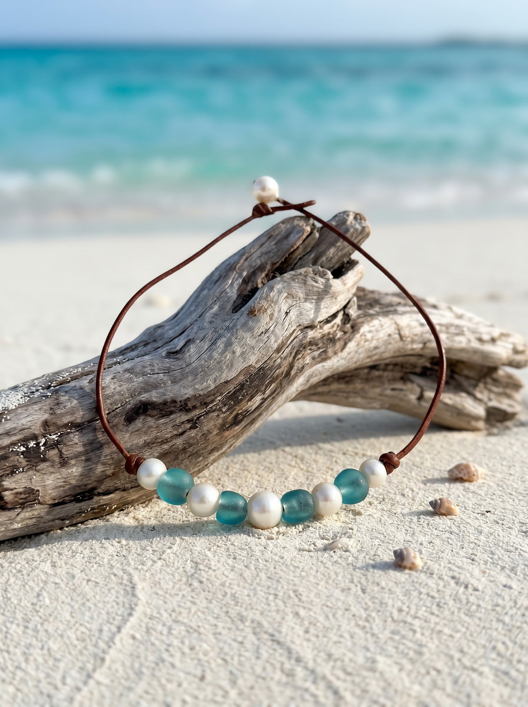 Wendy Mignot African Seaglass and Freshwater Pearl and Leather Regatta Necklace-Aqua