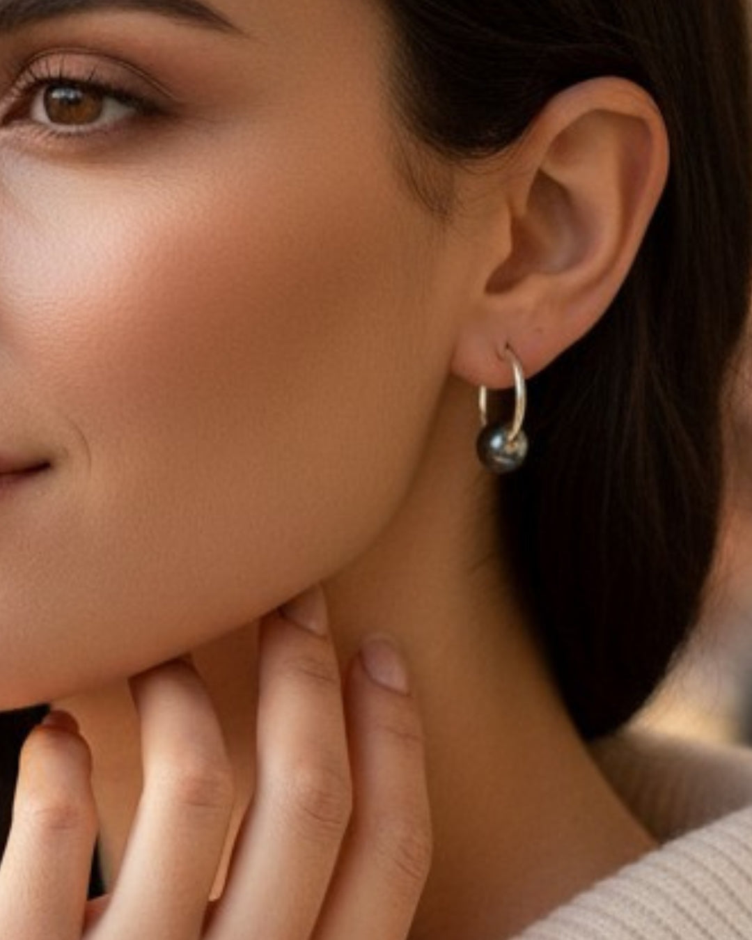 Wendy Mignot Cannes Noir Tahitian Pearl Endless Hoop Silver Earrings