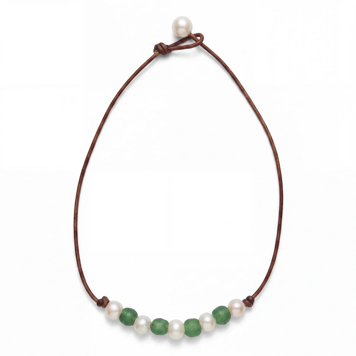 Wendy Mignot Fine Pearls and Leather Jewelry beaded necklace with white freshwater pearls and green beads on brown leather