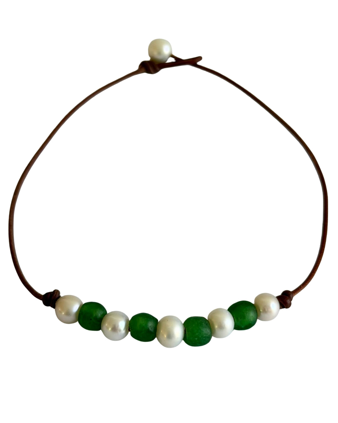 Wendy Mignot Fine Pearls and Leather Jewelry beaded necklace with white freshwater pearls and green beads on brown leather
