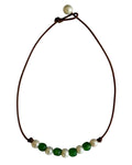 Wendy Mignot Fine Pearls and Leather Jewelry beaded necklace with white freshwater pearls and green beads on brown cord