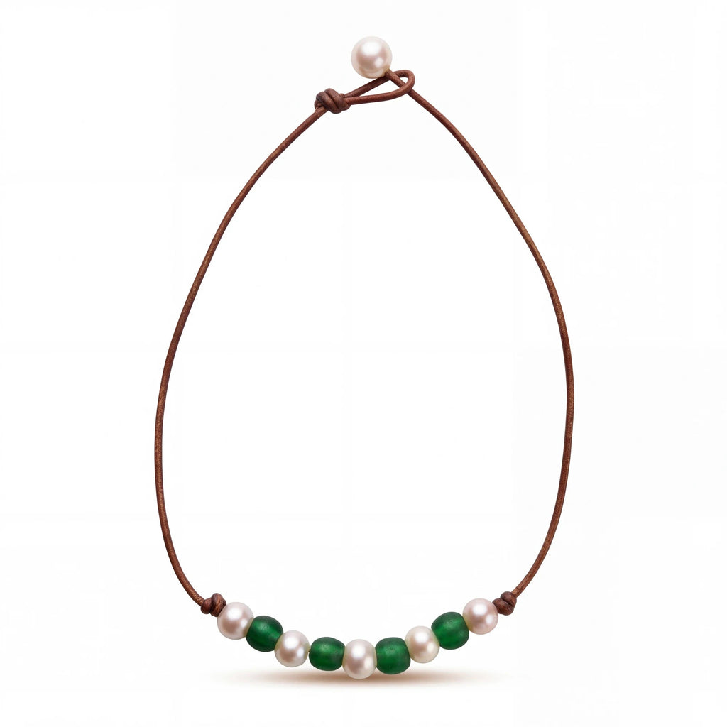 Wendy Mignot Fine Pearls and Leather Jewelry beaded necklace with white freshwater pearls and green beads on brown leather