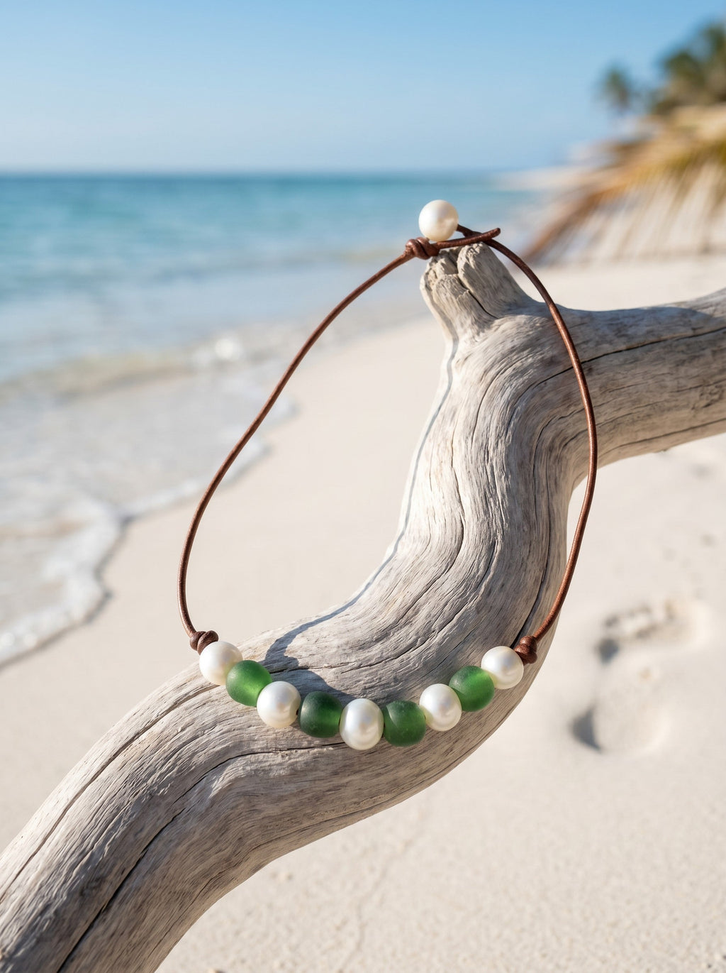 Wendy Mignot Fine Pearls and Leather Jewelry beaded necklace with white freshwater pearls and green beads on brown leather