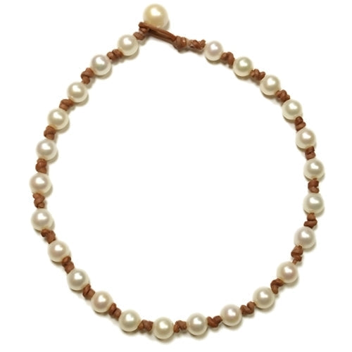 Wendy Mignot Fine Pearls and Leather Jewelry freshwater pearl necklace hand-knotted on a brown leather cord