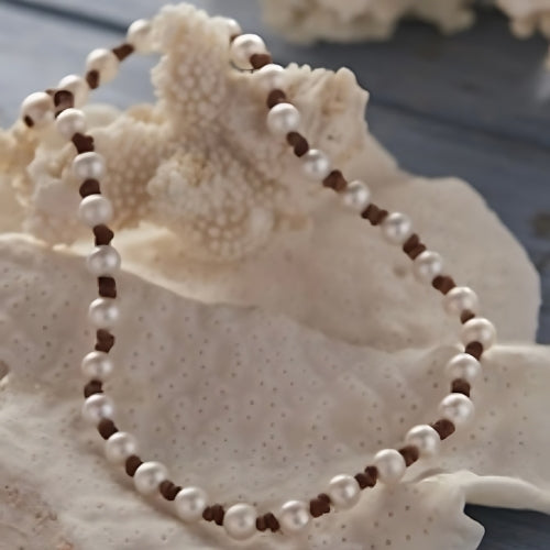 Wendy Mignot Fine Pearls and Leather Jewelry freshwater pearl necklace hand-knotted on brown leather cord