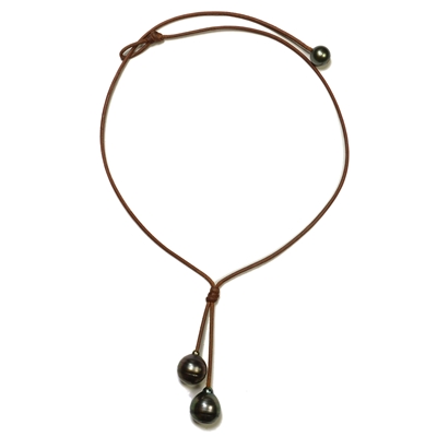 Wendy Mignot | Rain Two Drop Tahitianpearl and Leather Necklace